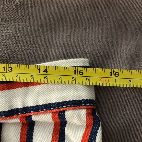 White button down skirt with blue and red stripes. Has pockets. - Picture 4 of 5